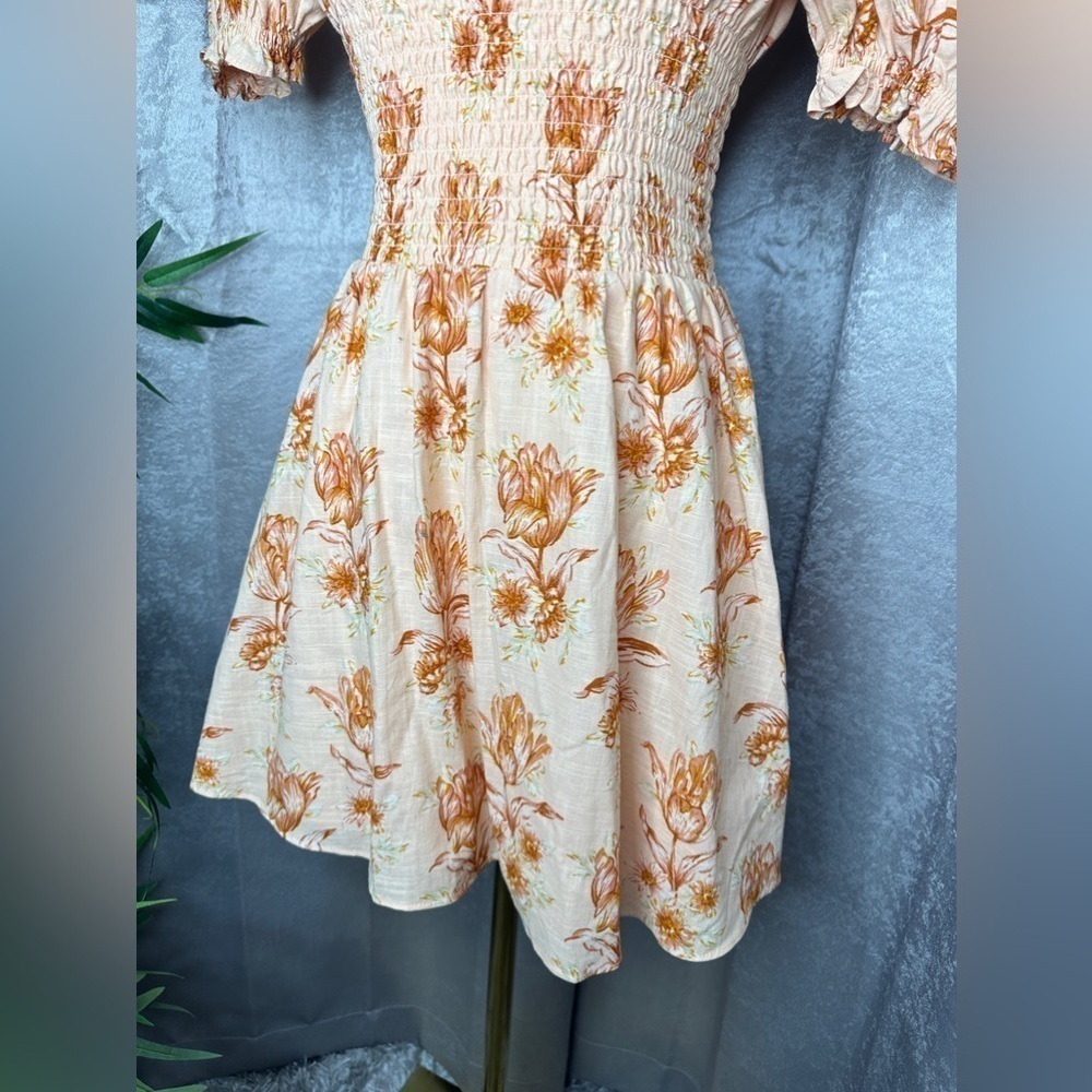 NEW Sabo Skirt Charlize Floral Puff Sleeve Mini Dress Pastel Orange Sz XS - Picture 7 of 13